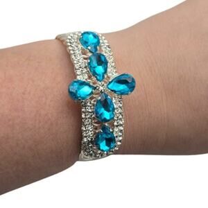 Blue Rhinestone Cuff Bracelet Wrap Style Silver - Evening Glam